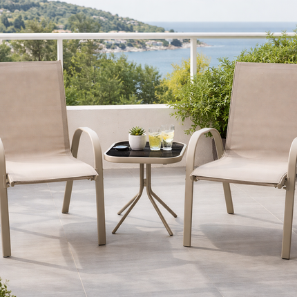 Set da Giardino 3 Pezzi Positano – 2 Sedie con Braccioli + Tavolino con Piano in Vetro Temperato – Struttura in Acciaio, Colore Grigio, Ideale per Balcone e Terrazzo