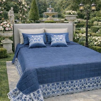 Trapuntino Copriletto Matrimoniale Trapuntato con Balza in Pizzo Ricamato, Copriletto Elegante Tinta Unita con Cuscini Coordinati, Coperta Letto Decorativa per Camera da Letto – Stile Classico