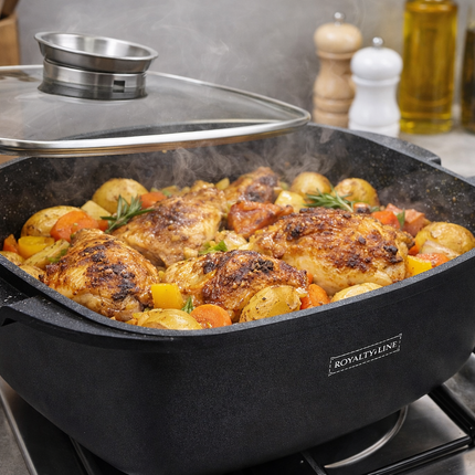 Rostiera con Coperchio in Vetro Antiaderente – Teglia da Forno con Rivestimento Effetto Pietra, Casseruola Rettangolare per Arrosti, Pollo, Carne e Verdure – Adatta a Forno e Piano Cottura