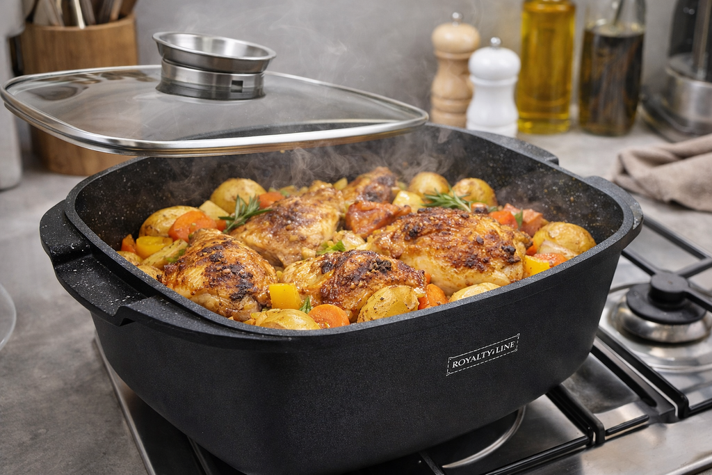 Rostiera con Coperchio in Vetro Antiaderente – Teglia da Forno con Rivestimento Effetto Pietra, Casseruola Rettangolare per Arrosti, Pollo, Carne e Verdure – Adatta a Forno e Piano Cottura
