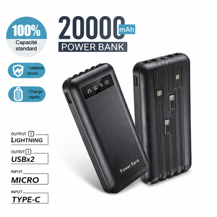Power Bank 20000mAh con 4 Cavi Integrati, Display Digitale LED e Torcia Laterale – Batteria Esterna Ricarica Rapida con USB, Type-C, Micro USB e Lightning, Pulsante Multifunzionale, Compatibile Smartphone e Tablet