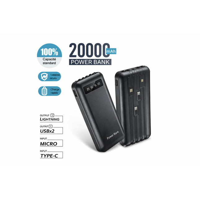 Power Bank 20000mAh con 4 Cavi Integrati, Display Digitale LED e Torcia Laterale – Batteria Esterna Ricarica Rapida con USB, Type-C, Micro USB e Lightning, Pulsante Multifunzionale, Compatibile Smartphone e Tablet