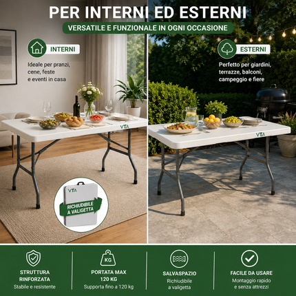 Tavolo Pieghevole Portatile salvaspazio | Tavolo richiudibile | Tavolo da campeggio con Sistema di Blocco di Sicurezza, Fino a 6 Persone - 180x75x74 cm (Bianco)