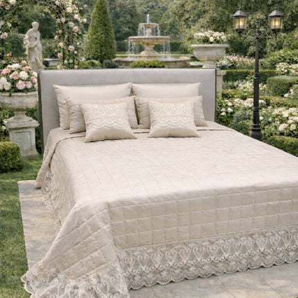 Trapuntino Copriletto Matrimoniale Trapuntato con Balza in Pizzo Ricamato, Copriletto Elegante Tinta Unita con Cuscini Coordinati, Coperta Letto Decorativa per Camera da Letto – Stile Classico
