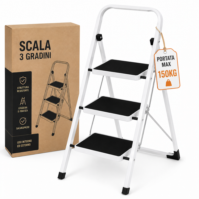 Scala Scaletta Pieghevole Quadrata Salvaspazio con Gradini Antiscivolo e Maniglione di Sicurezza Sgabello Struttura in Acciaio e Rivestimento in Gomma Portata massima 150kg