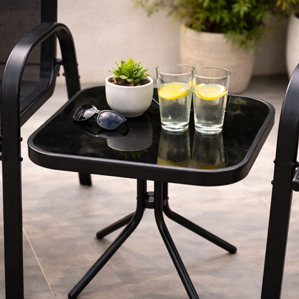 Set da Giardino 3 Pezzi Positano – 2 Sedie con Braccioli + Tavolino con Piano in Vetro Temperato – Struttura in Acciaio, Colore Grigio, Ideale per Balcone e Terrazzo