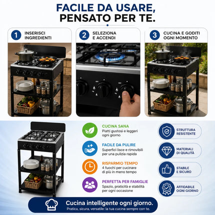 Fornello a Gas 4 Fuochi con Supporto e Ripiani – Cucina a Gas Freestanding in Acciaio, Piano Cottura con 4 Bruciatori, Design Salvaspazio per Interni ed Esterni