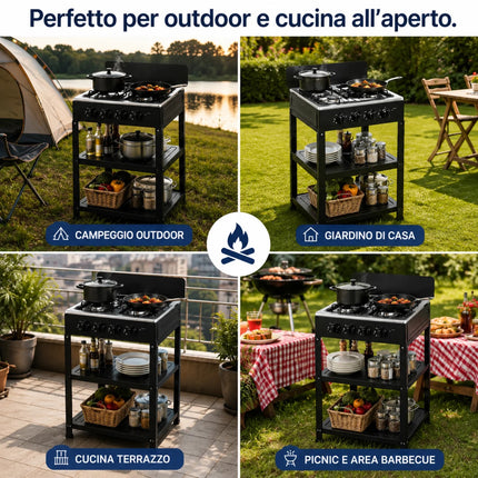 Fornello a Gas 4 Fuochi con Supporto e Ripiani – Cucina a Gas Freestanding in Acciaio, Piano Cottura con 4 Bruciatori, Design Salvaspazio per Interni ed Esterni