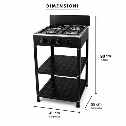 Fornello a Gas 4 Fuochi con Supporto e Ripiani – Cucina a Gas Freestanding in Acciaio, Piano Cottura con 4 Bruciatori, Design Salvaspazio per Interni ed Esterni
