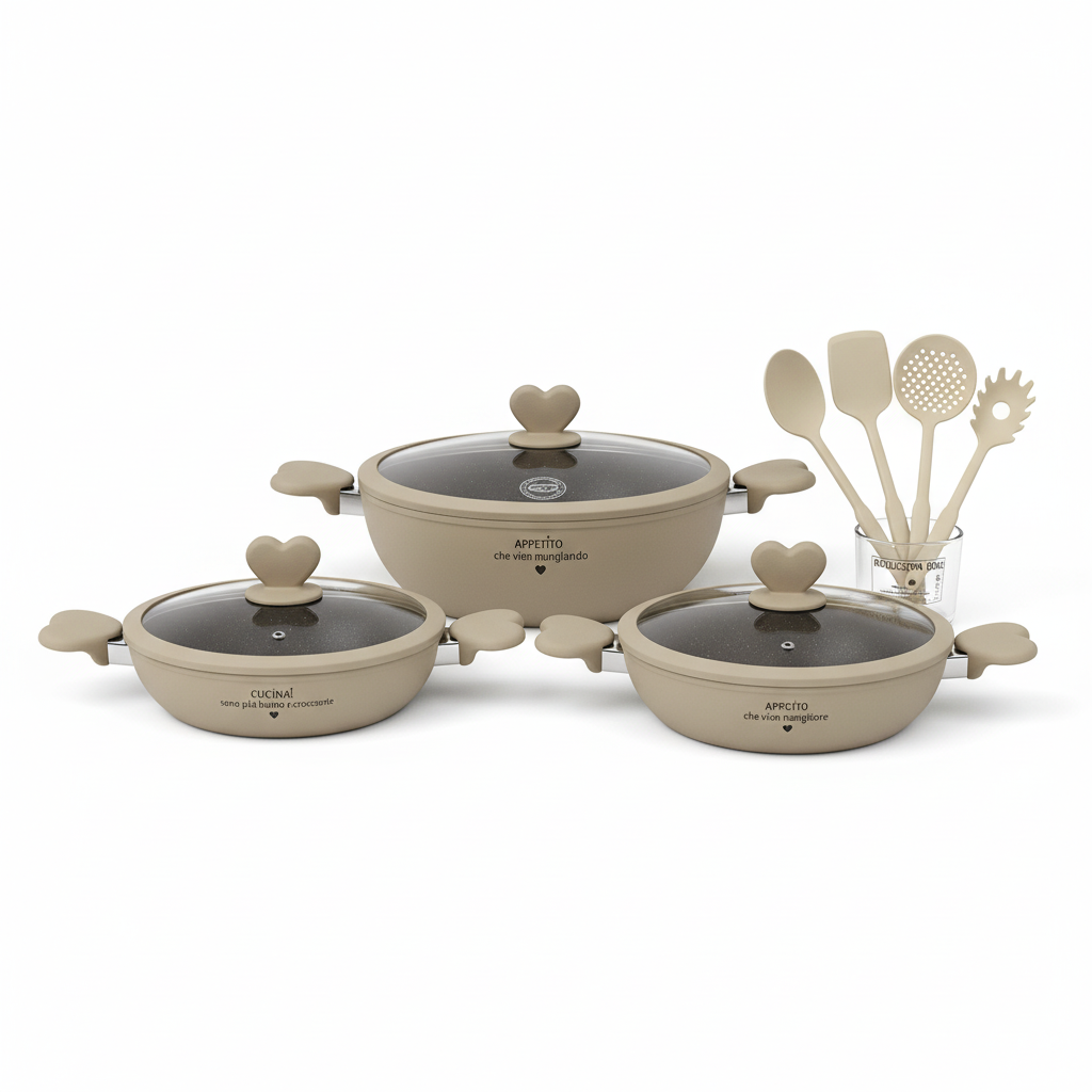 Set 3 Tegami Antiaderenti in Pietra Lavica con Manici a Cuore + 5 Mestoli | 20-24-28 cm | Compatibili Induzione | Coperchi in Vetro | Design Elegante