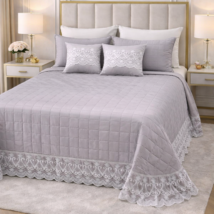 Trapuntino Copriletto Matrimoniale Trapuntato con Balza in Pizzo Ricamato, Copriletto Elegante Tinta Unita con Cuscini Coordinati, Coperta Letto Decorativa per Camera da Letto – Stile Classico