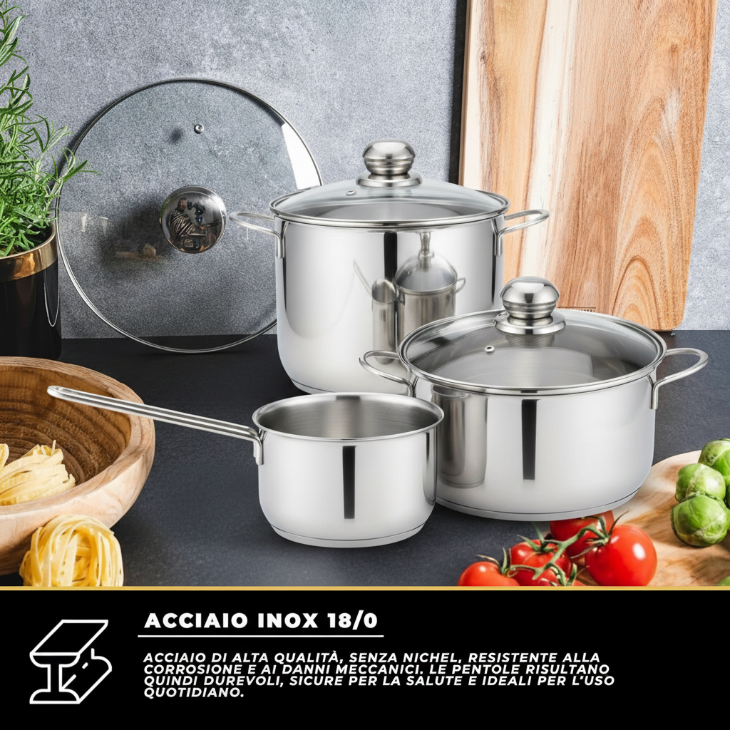Batteria Pentole 5 Pezzi in Acciaio Inox – Set Casseruole con Coperchio in Vetro, Adatta a Tutti i Piani Cottura Inclusa Induzione, Pentola con Manico Lungo 14x8 cm + Casseruola 16x9 cm e 20x11,5 cm