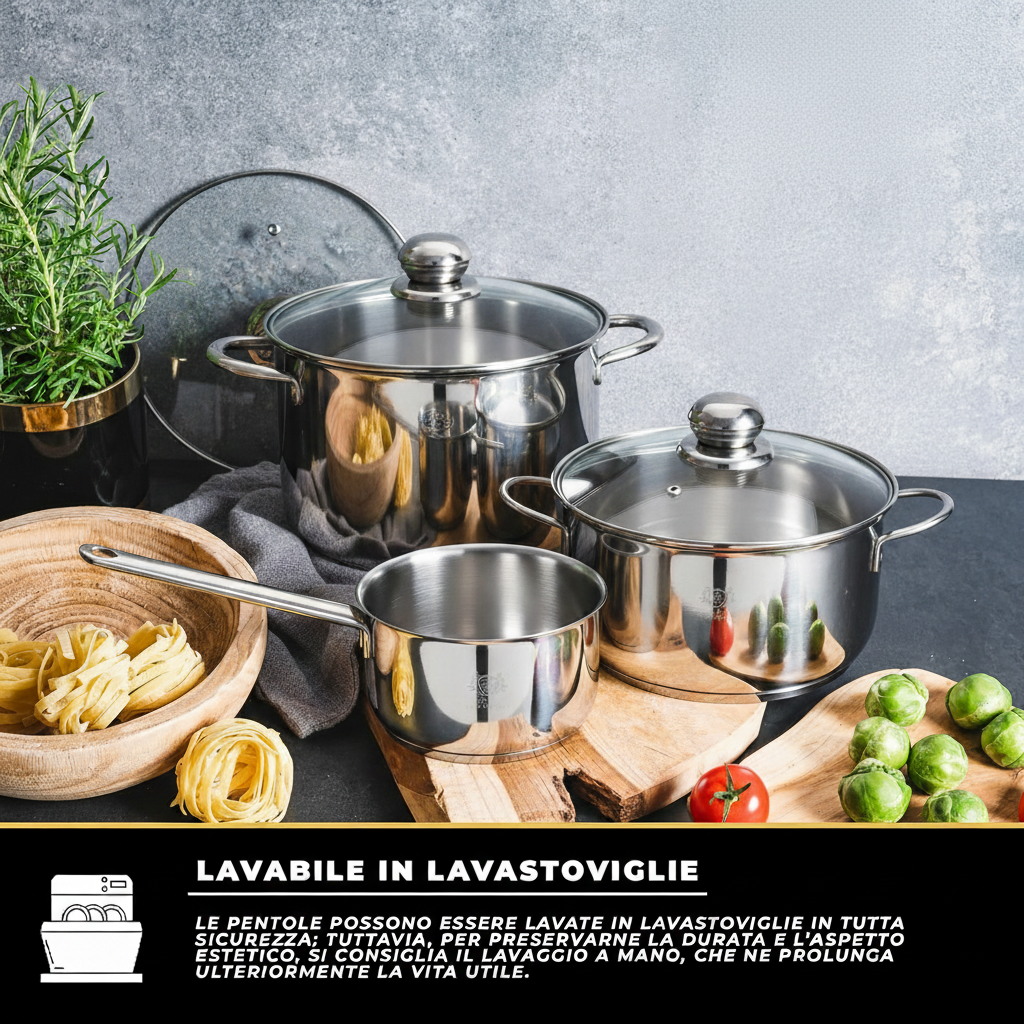 Batteria Pentole 5 Pezzi in Acciaio Inox – Set Casseruole con Coperchio in Vetro, Adatta a Tutti i Piani Cottura Inclusa Induzione, Pentola con Manico Lungo 14x8 cm + Casseruola 16x9 cm e 20x11,5 cm