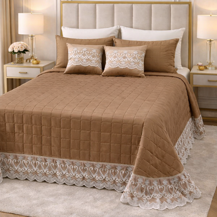 Trapuntino Copriletto Matrimoniale Trapuntato con Balza in Pizzo Ricamato, Copriletto Elegante Tinta Unita con Cuscini Coordinati, Coperta Letto Decorativa per Camera da Letto – Stile Classico
