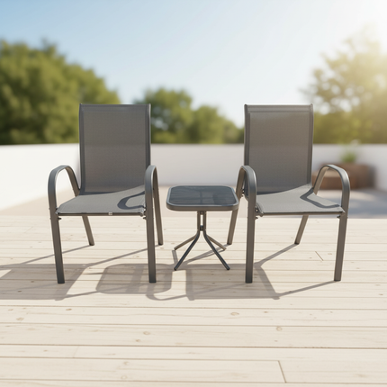 Set da Giardino 3 Pezzi Positano – 2 Sedie con Braccioli + Tavolino con Piano in Vetro Temperato – Struttura in Acciaio, Colore Grigio, Ideale per Balcone e Terrazzo