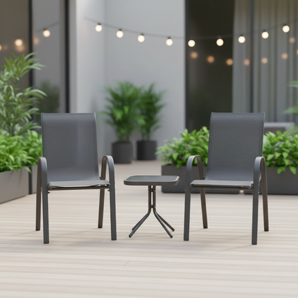 Set da Giardino 3 Pezzi Positano – 2 Sedie con Braccioli + Tavolino con Piano in Vetro Temperato – Struttura in Acciaio, Colore Grigio, Ideale per Balcone e Terrazzo