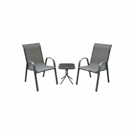 Set da Giardino 3 Pezzi Positano – 2 Sedie con Braccioli + Tavolino con Piano in Vetro Temperato – Struttura in Acciaio, Colore Grigio, Ideale per Balcone e Terrazzo