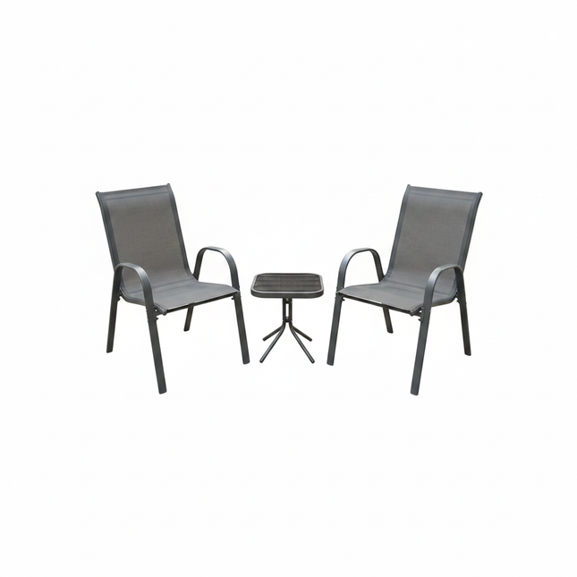 Set da Giardino 3 Pezzi Positano – 2 Sedie con Braccioli + Tavolino con Piano in Vetro Temperato – Struttura in Acciaio, Colore Grigio, Ideale per Balcone e Terrazzo