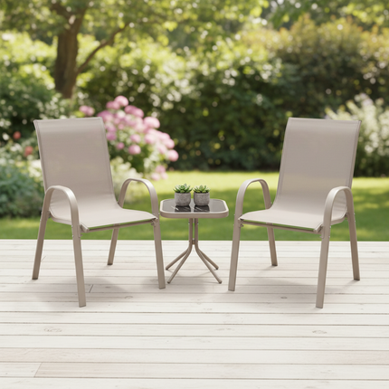Set da Giardino 3 Pezzi Positano – 2 Sedie con Braccioli + Tavolino con Piano in Vetro Temperato – Struttura in Acciaio, Colore Grigio, Ideale per Balcone e Terrazzo