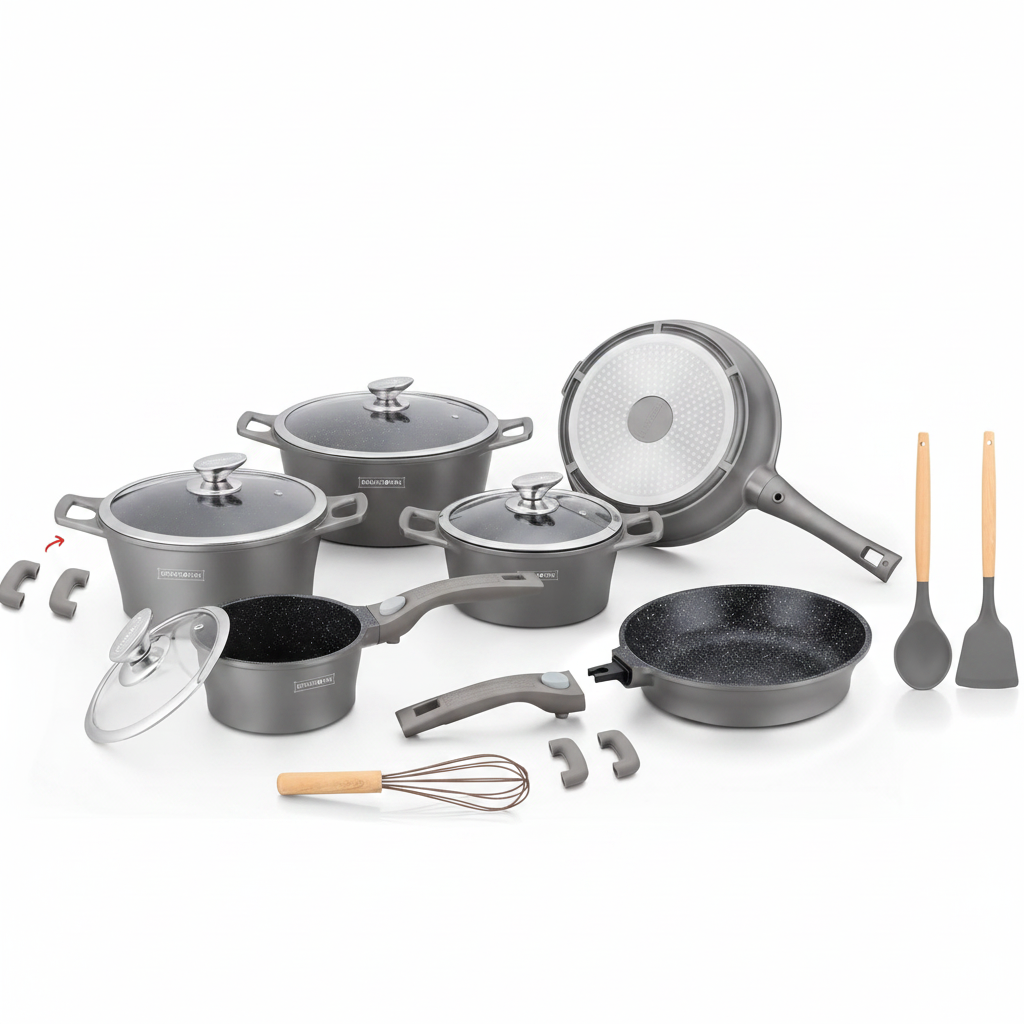 Set Pentole 17 Pezzi Antiaderenti con Coperchi in Vetro e Padelle – Batteria Cucina Induzione, Rivestimento Effetto Pietra, Manici Rimovibili, Adatta a Tutti i Piani Cottura