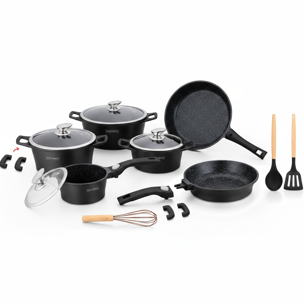 Set Pentole 17 Pezzi Antiaderenti con Coperchi in Vetro e Padelle – Batteria Cucina Induzione, Rivestimento Effetto Pietra, Manici Rimovibili, Adatta a Tutti i Piani Cottura