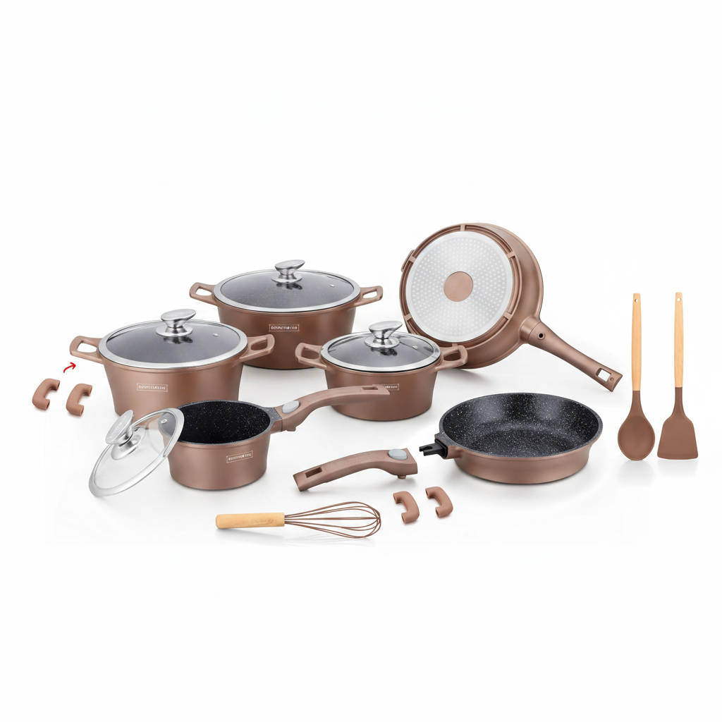 Set Pentole 17 Pezzi Antiaderenti con Coperchi in Vetro e Padelle – Batteria Cucina Induzione, Rivestimento Effetto Pietra, Manici Rimovibili, Adatta a Tutti i Piani Cottura