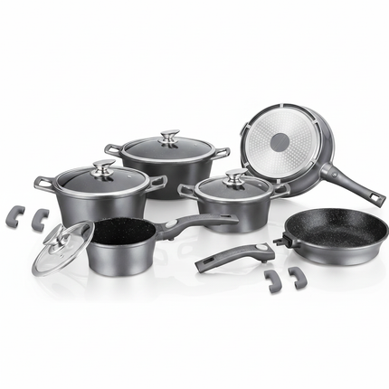 Set Pentole 17 Pezzi Antiaderenti con Coperchi in Vetro e Padelle – Batteria Cucina Induzione, Rivestimento Effetto Pietra, Manici Rimovibili, Adatta a Tutti i Piani Cottura