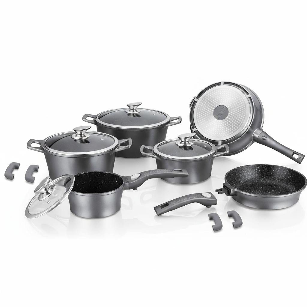 Set Pentole 17 Pezzi Antiaderenti con Coperchi in Vetro e Padelle – Batteria Cucina Induzione, Rivestimento Effetto Pietra, Manici Rimovibili, Adatta a Tutti i Piani Cottura