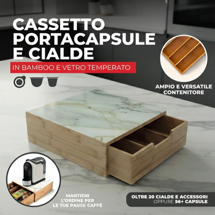 Portacapsule E Portacialde Bambù Con Cassetto Scomparti Caffè Organizzatore Capsule Cialde Tisane Tè Bustine Di Zucchero Bicchierini 30x30x10Cm Bianco