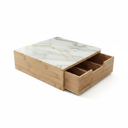 Portacapsule E Portacialde Bambù Con Cassetto Scomparti Caffè Organizzatore Capsule Cialde Tisane Tè Bustine Di Zucchero Bicchierini 30x30x10Cm Bianco