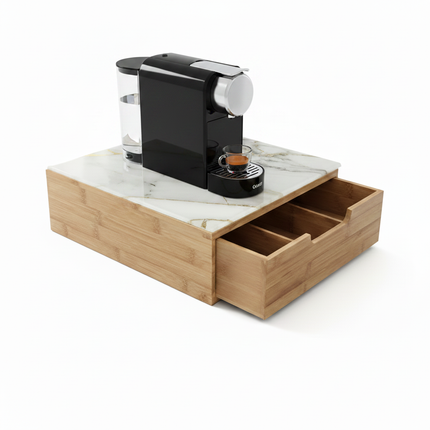 Portacapsule E Portacialde Bambù Con Cassetto Scomparti Caffè Organizzatore Capsule Cialde Tisane Tè Bustine Di Zucchero Bicchierini 30x30x10Cm Bianco