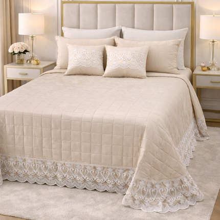 Trapuntino Copriletto Matrimoniale Trapuntato con Balza in Pizzo Ricamato, Copriletto Elegante Tinta Unita con Cuscini Coordinati, Coperta Letto Decorativa per Camera da Letto – Stile Classico