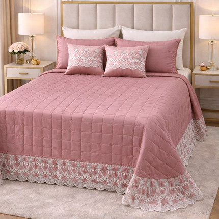 Trapuntino Copriletto Matrimoniale Trapuntato con Balza in Pizzo Ricamato, Copriletto Elegante Tinta Unita con Cuscini Coordinati, Coperta Letto Decorativa per Camera da Letto – Stile Classico