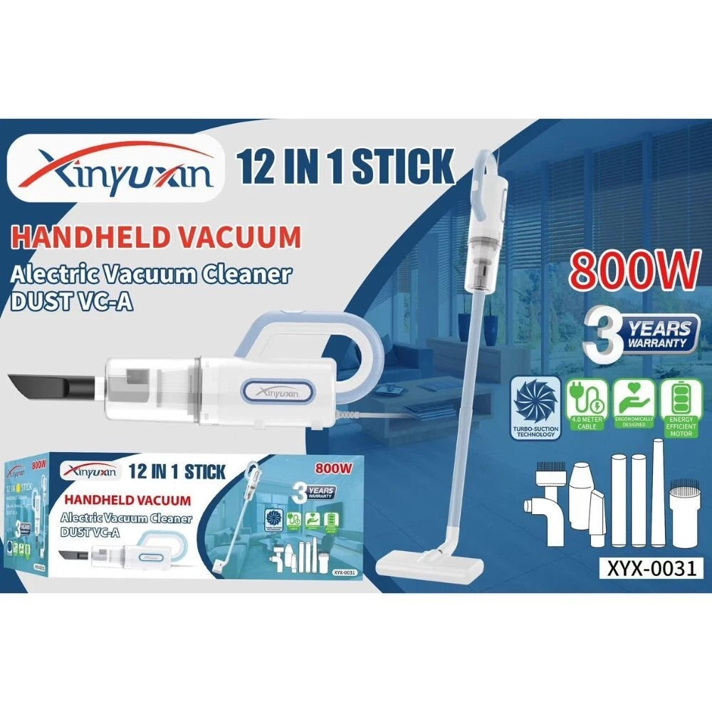 Aspirapolvere Xinyuan 12 in 1 Stick & Handheld – 800W, Leggero, Multifunzione con Accessori, Tecnologia Turbo-Suction, Cavo 4 Metri