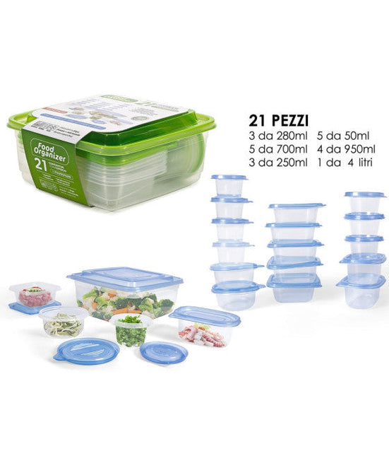 Set 21PZ contenitori con coperchi per alimenti in plastica trasparenti impilabili microonde