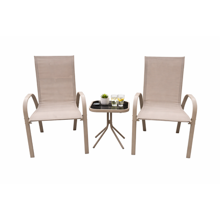 Set da Giardino 3 Pezzi Positano – 2 Sedie con Braccioli + Tavolino con Piano in Vetro Temperato – Struttura in Acciaio, Colore Grigio, Ideale per Balcone e Terrazzo